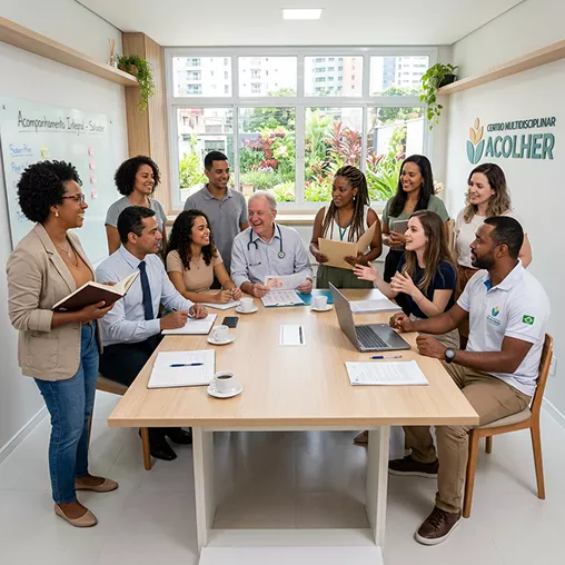 Equipe multidisciplinar em reunião de supervisão de casos